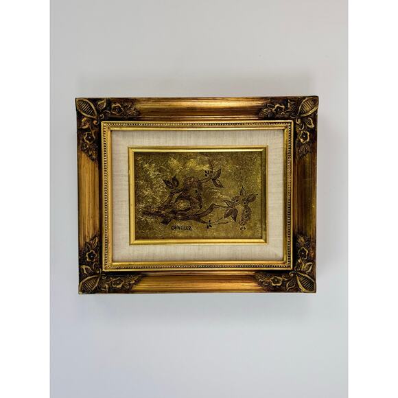 Vintage Framed Art - Gold Leaf Bird on a Branch with Ornate Gilt Frame - DENDLER